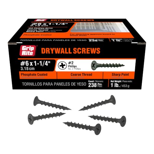 Grip-Rite 114CDWS1#6 X 1-1/4" Phillips Bugle Head Coarse Thread Sharp Point Drywall Screw, 1lb Box
