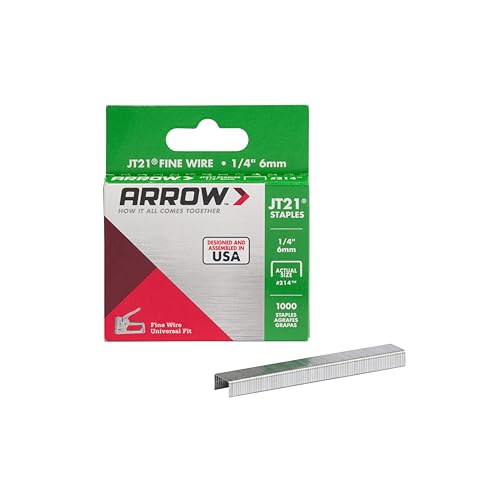 Arrow 214 JT21 Thin Wire Staples for Staple Guns and Staplers, Use for Upholstery, Crafts, General Repairs, 1/4-Inch Leg Length, 7/16-Inch Crown Width, 1000-Pack, Grey
