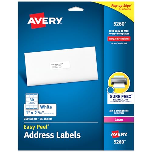 Avery Easy Peel Printable Address Labels with Sure Feed, 1" x 2-5/8" Customizable Stickers, White, 750 Blank Mailing Labels, Great for Mailing, Shipping, and More (5260)