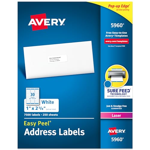 Avery Easy Peel Printable Address Labels with Sure Feed, 1" x 2-5/8" Customizable Stickers, White, 7,500 Blank Mailing Labels, Great for Mailing, Shipping, and More (5960)