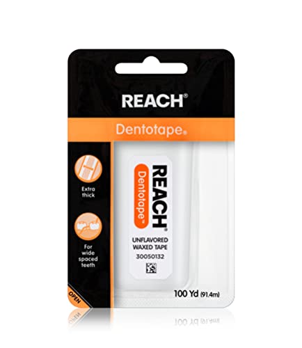 REACH Dentotape Waxed Dental Floss Tape, Unflavored, Extra Wide Floss, Shred & Frey Resistant, Plaque Remover for Teeth, Easy on Gums & Teeth, Oral Care, PFAS Free, for Adults & Kids, 1 Pack, 100 yd