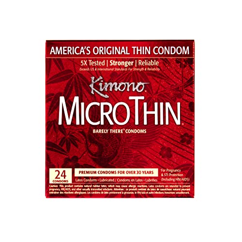 Kimono MicroThin Condoms Pack of 24 - Premium Lubricated Natural Latex, Thinnest, Vegan-Friendly, No Latex Odor - Thin, Strong, and Extra Sensitive