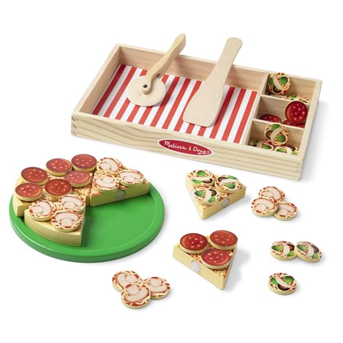 Melissa & Doug Wooden Pizza Party Play Set, 36 Self-Stick Toppings, Pizza Toy Kitchen Set & Play Kitchen Accessories, Preschool Toys for Boys & Girls 3+