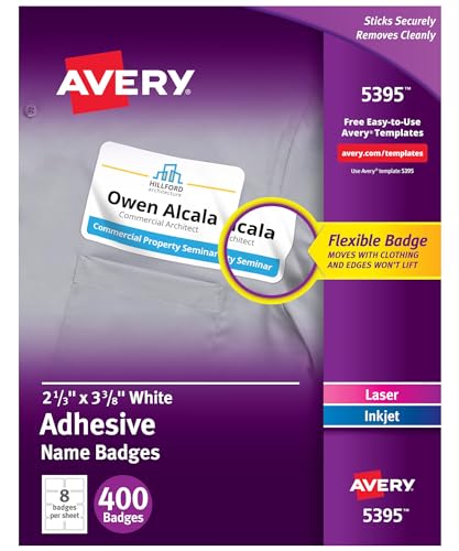 Avery Flexible Printable Name Tags, 2-1/3" x 3-3/8", Matte White, 400 Removable Name Badges for Laser and Inkjet Printers (5395)