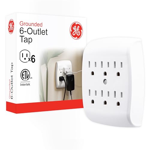 GE 6-Outlet Extender Wall Tap, Grounded Adapter, Outlet Splitter, Charging Station, 3-Prong, Plug Adapter, Secure Install, Cruise Essentials, ETL Listed, White, 54947