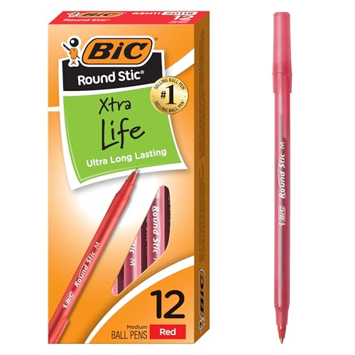 BIC Round Stic Xtra Life Red Ballpoint Pens, Medium Point (1.0mm), 12-Count Pack of Bulk Pens, Flexible Round Barrel for Writing Comfort, No. 1 Selling Ballpoint Pens
