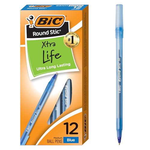 BIC Round Stic Extra Life Ballpoint Pens, Medium Point (1.0 mm), Long-Lasting School Supplies for Students and Teachers, 12-Count in Blue