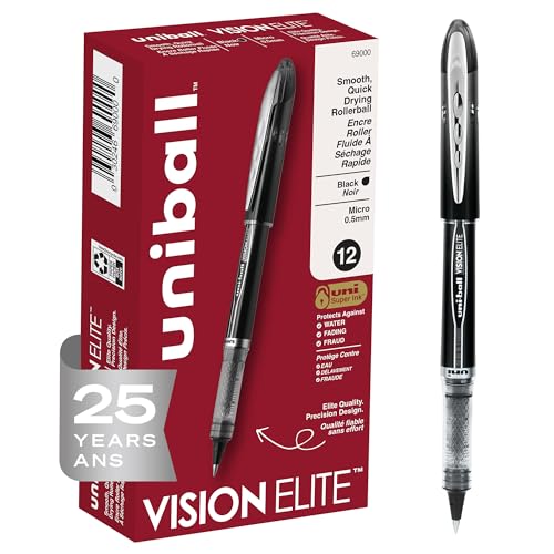 uni-ball Vision Elite Rollerball Pens Fine Point Micro Tip, 0.5mm, Black, 12 Pack
