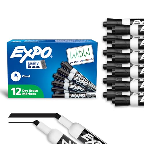 EXPO Low Odor Dry Erase Markers Black Chisel Tip for Versatile Lines Perfect for Home Classroom and Office Pack of 12