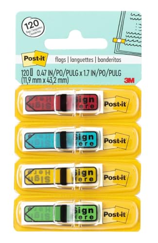 Post-it Message Sign Here Flags, 30/Dispenser, 4 Dispensers/Pack, .47 in Wide, Assorted Colors (684-SH)