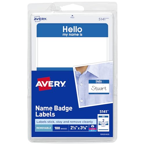 Avery Customizable Name Tags, Hello My Name is, White, Blue Border, Removable Adhesive, Laser/Inkjet Printable, 100 Total (5141)