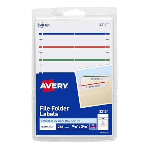 Avery File Folder Labels on 4" x 6" Sheets, Easy Peel, Assorted, Print & Handwrite, 2/3" x 3-7/16", 252 Labels (5215)