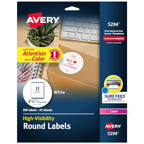 Avery High Visibility Printable Round Labels with Sure Feed, 2.5" Diameter, White, 300 Customizable Blank Labels Total (5294)