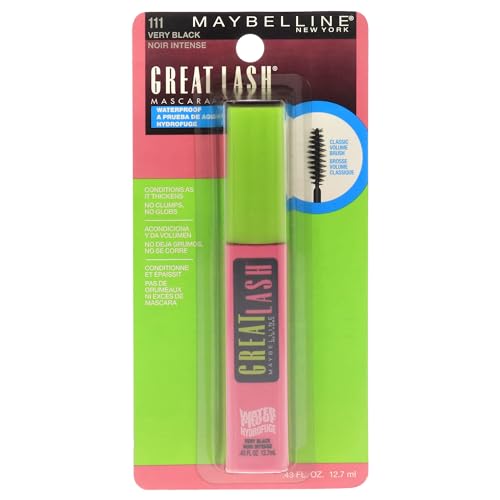 Maybelline Great Lash Waterproof Mascara, Volumizing, Lengthening and Lash-Doubling Formula for Thicker Lashes, Very Black, 1 Count