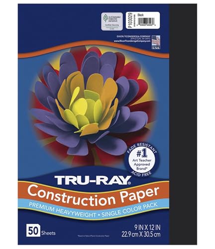 Pacon Tru-Ray Heavyweight Construction Paper, Black, 9" x 12", 50 Sheets, Sulphite Construction Paper