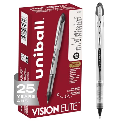 uni-ball Vision Elite Rollerball Pens Bold Point, 0.8mm, Black, 12 Pack