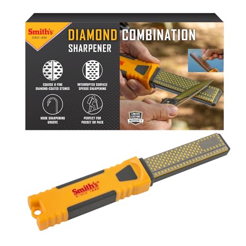 Smith's DCS4 4” Diamond Combination Sharpener - Double Sided Stone - Outdoor Field Knife Sharpener - Fish Hook & Pointed Tools Micro Sharpener - Lightweight, Compact, Handheld