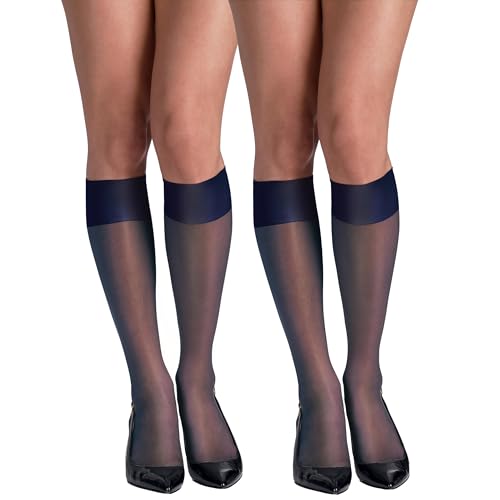 Hanes Women's Silk Reflections Reinforced Toe Silky Sheer Knee-High Stockings, Classic Navy, One Size