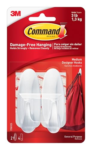 Command Medium Designer Hooks, 2 Hooks and 4 Command Strips, Damage-Free Hanging Wall Hooks with Adhesive Strips, No Tools Adhesive Hooks for Hanging, Organization and Storage, Holds up to 3 lb
