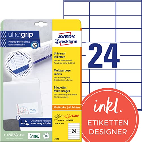 (-34%) AVERY Zweckform 3490 Adressaufkleber (600 plus 120 Klebeetiketten extra, 70x36mm auf A4, Papier matt, bedruckbare Absenderetiketten, selbstklebende Adressetiketten mit ultragrip) 30 Blatt, weiß