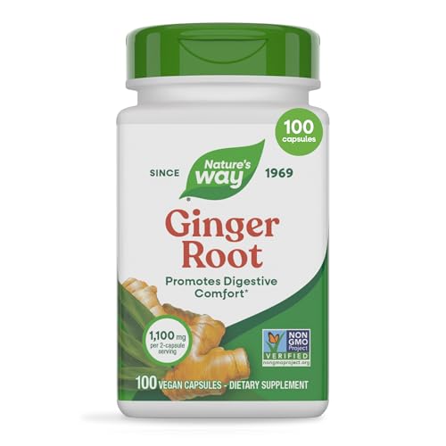 Nature's Way Ginger Root Capsules, 1100 mg per 2-Capsule Serving Ginger Supplement for Digestive Comfort and Motion-Related Nausea Support*, Vegan, Non-GMO Project Verified, 100 Count