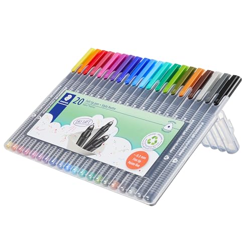 STAEDTLER Triplus Fineliner Pens Set (20 Pack) - 20 Vibrant Colors, 0.3mm Metal-Clad Tip, Ergonomic Triangular Barrel, Standing Easel Case