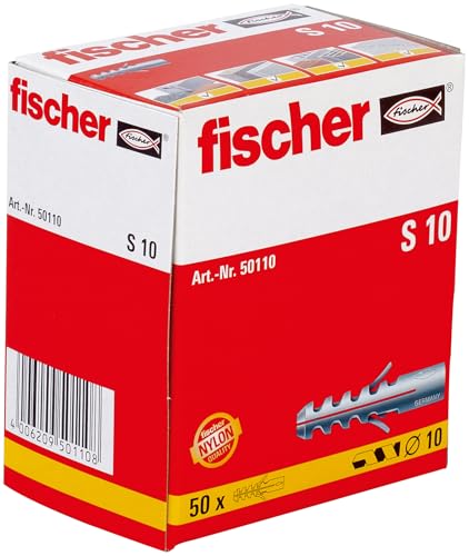 🔥 STARKER PREIS (-51%) fischer Spreizdübel S 10, Dübel mit 2-fach-Spreizung zum Befestigen von Bildern, Briefkästen, Leuchten, uvm. in Beton, Vollziegel und Naturstein, 50 Stück