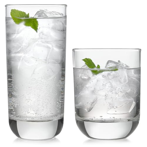 Libbey Drinking Glasses Polaris Tumbler and Rocks Set of 16, Clear, Sturdy Drinkware Glasses Set, Kitchen Glassware for 