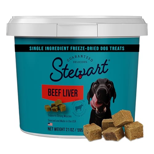Stewart Single Ingredient Freeze Dried Raw Dog Treats, Beef Liver, 21 Ounce Value Size, Approx. 475 Pieces per Resealable Tub, Training Treats or Meal Topper, High Protein, Grain Free, Gluten Free