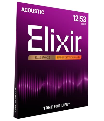 Elixir Cuerdas, cuerdas de guitarra acústica, bronce 80/20 con revestimiento NANOWEB, tono brillante y enfocado de más larga duración con sensación cómoda, juego de 6 cuerdas, luz 12-53