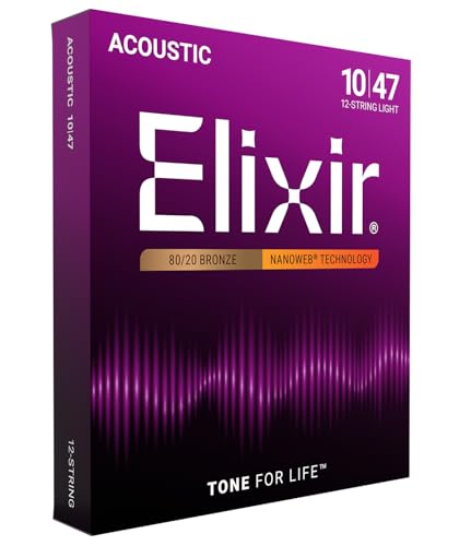 Elixir Strings, Acoustic Guitar Strings, 80/20 Bronze with NANOWEB Technology, Longest-Lasting Bright and Focused Tone For Life with Comfortable Feel, 12 String Set, Light 10-47