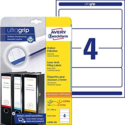 (-41%) AVERY Zweckform L4761-25 Ordnerrücken Etiketten (120 Rückenschilder mit ultragrip, 61x192mm auf A4, breit/kurz, selbstklebend, absolut blickdicht, bedruckbare Ordneretiketten) 30 Blatt, weiß