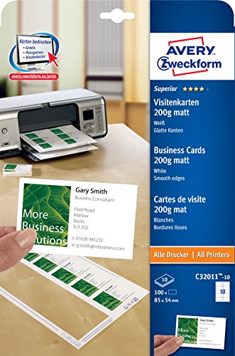 (-45%) AVERY Zweckform C32011-10 Superior Visitenkarten, blanko (100 Stück, 200g, 85x54 mm, einseitig bedruckbar, matt weiß, absolut glatte Kanten, 10 Blatt) zum Selbstbedrucken auf allen Druckern