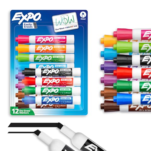 EXPO Dry Erase Markers, Low Odor Ink, Assorted Colors, Chisel Tip, 12 Count - Whiteboard, Calendar, Organization, Essential Supplies for Office, School, Classroom, Teachers