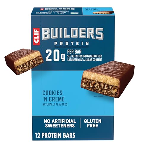 CLIF BUILDERS Protein Bars - Cookies 'n Cream Flavor - 20g Plant Based Protein - Gluten Free - Non-GMO - Low Glycemic - 