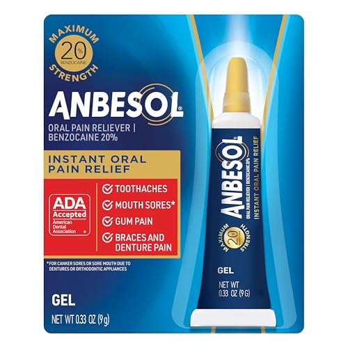 Anbesol Maximum Strength Oral Pain Relief Gel, Instant Pain Relief For Toothache Pain, Canker Sores, Sore Gums, Mouth Sores, Denture Pain, and Aligner Pain, ADA Accepted, 0.33 oz (packaging may vary)
