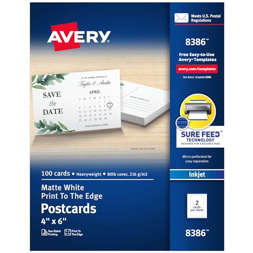 Avery Printable Postcards with Sure Feed Technology, 4" x 6", Matte White, 100 Blank Postcards for Inkjet Printers (8386)