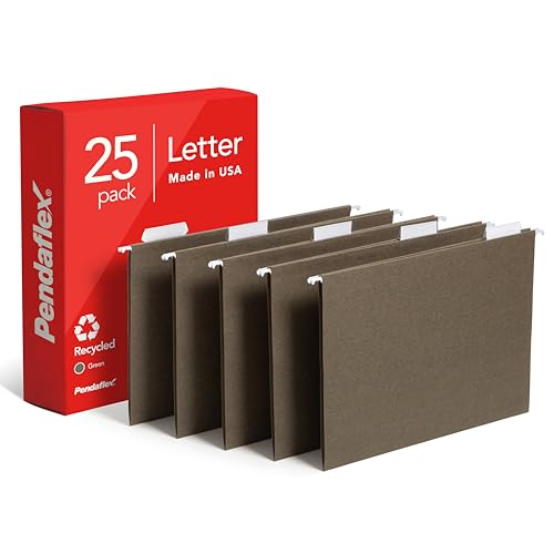Pendaflex Hanging File Folders, Letter Size, Standard Green, 1/5-Cut Adjustable Tabs, 25 Per Box (81602), Standard Green - 1/5 Tabs