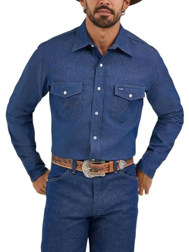 WranglermensCowboy Cut Western Long Sleeve Snap Work Shirt Firm Finish Indigo