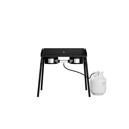 Camp Chef Explorer, Two Burner Stove, Two 30,000 BTU's cast-aluminum burners, Cooking Dimensions: 14 in. x 32 in, Black