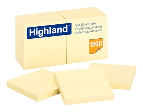 Highland Post-it Notes, 3" x 3" Sticky Notes, 100 Sheets/Pad, 12 Pads, Canary Yellow