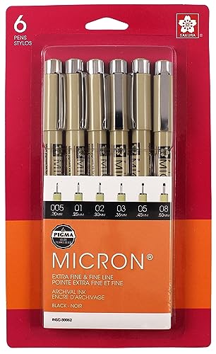 SAKURA Pigma Micron Fineliner Pens - Archival Black Ink Pens - Pens for Writing, Drawing, or Bullet Journaling - Assorted Point Sizes - 6 Pack