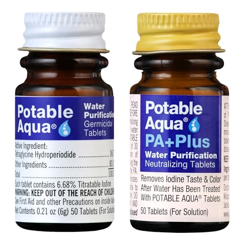 Potable Aqua Water Purification Tablets with PA Plus, Portable and Effective Solution for Camping, Hiking, Emergencies, Natural Disasters and International Travel, Two 50ct Bottles