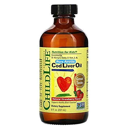 CHILDLIFE Essentials Cod Liver Oil for Kids - Liquid Arctic Cod Liver Oil for Babies 6+ Months, Toddlers, & Kids, Added DHA, EPA, Omega-3 Fatty Acids - Strawberry, 8 fl oz