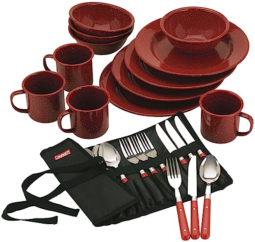 Coleman 24-Piece Enamel Dinnerware Set for Outdoor Dining, Dishwasher Safe, Full Dinnerware & Flatware Set for 4 People