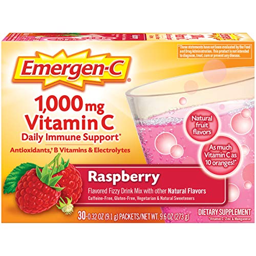 Emergen-C 1000mg Vitamin C Immune Support Powder Raspberry 30CT includes Zinc, Manganese, 7 B Vitamins and Electrolytes for Back to School Essentials