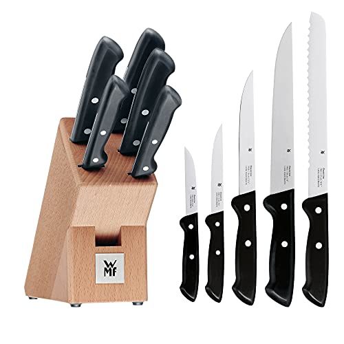 (-59%) WMF Classic Line Messerblock mit Messerset 6-teilig, bestückt, 5 Messer, Birkenholz-Block, Spezialklingenstahl, natur, schwarz, silber