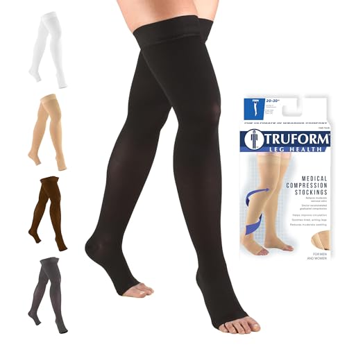 Truform 20-30 mmHg Compression Stockings for Men and Women, Thigh High Length, Dot-Top, Open Toe, Black, Medium