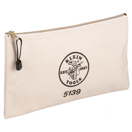 Klein Tools 5139 Zipper Bag, Canvas Tool Pouch to 12.5 x 7 x 0.7 -Inch with Heavy Duty Brass Zipper Close, Natural