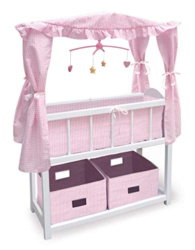 Badger Basket Doll Crib with Bedding, Storage Baskets, Mobile & Personalization Kit - Ideal Nursery Set for Dolls Up to 22 Inches, Best for Doll Accessories & Playtime - White/Pink